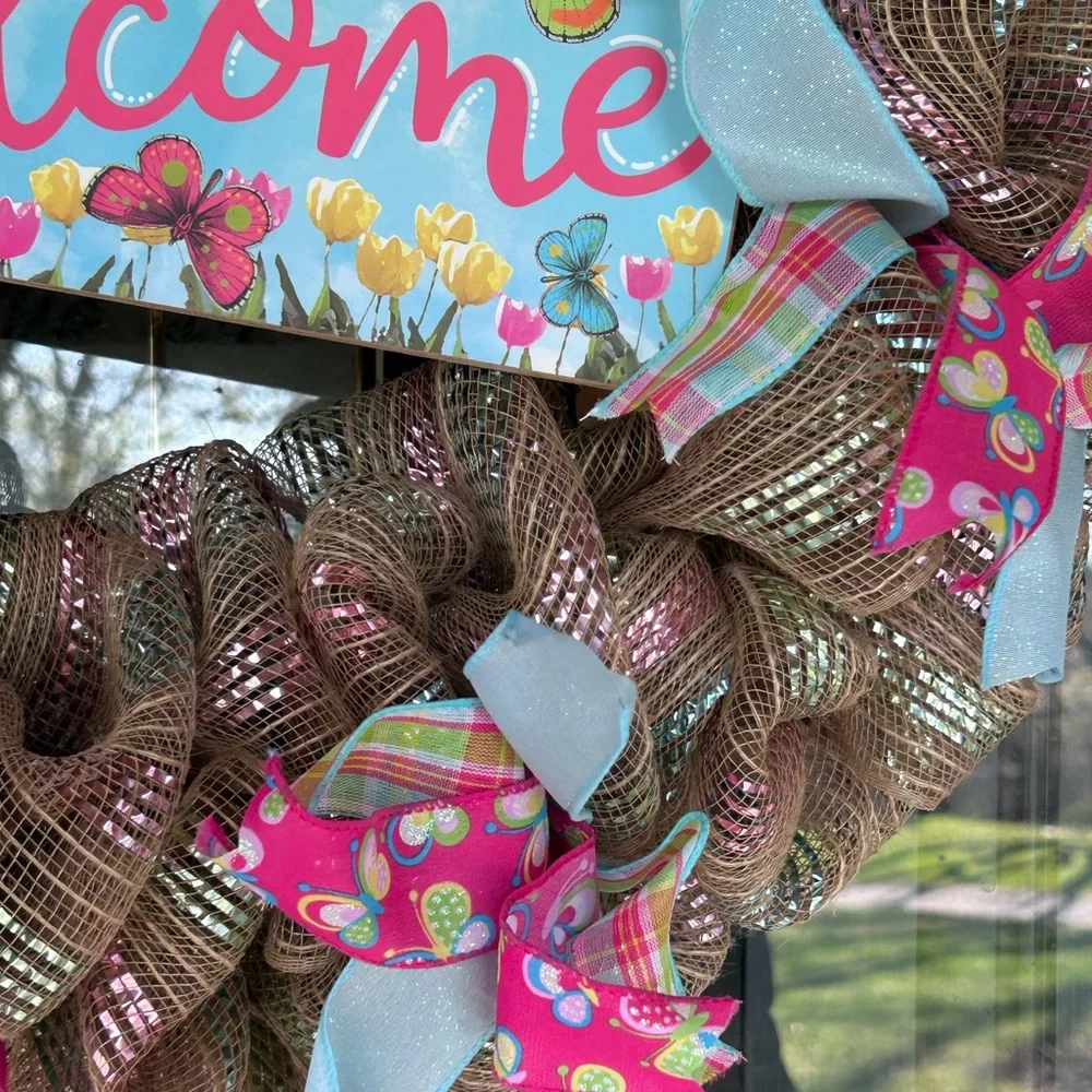 Welcome Butterfly Spring Ribbons Wreath Handmade